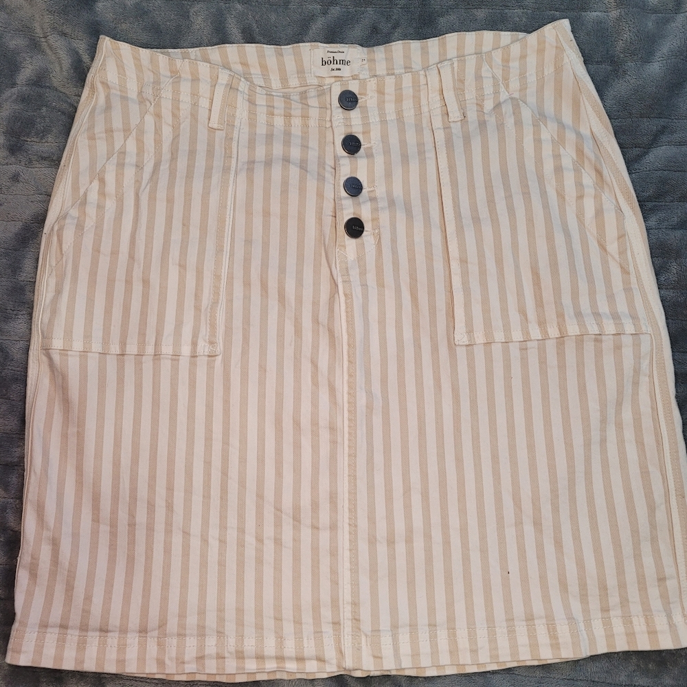 Bohme Denim White Taupe Striped Button Fly Skirt NWT Size 31